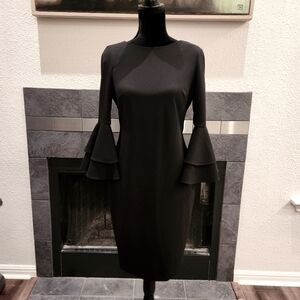 Calvin Klein Bell Sleeve Black Fitted Evening Dress Gold Zipper Stretch 6